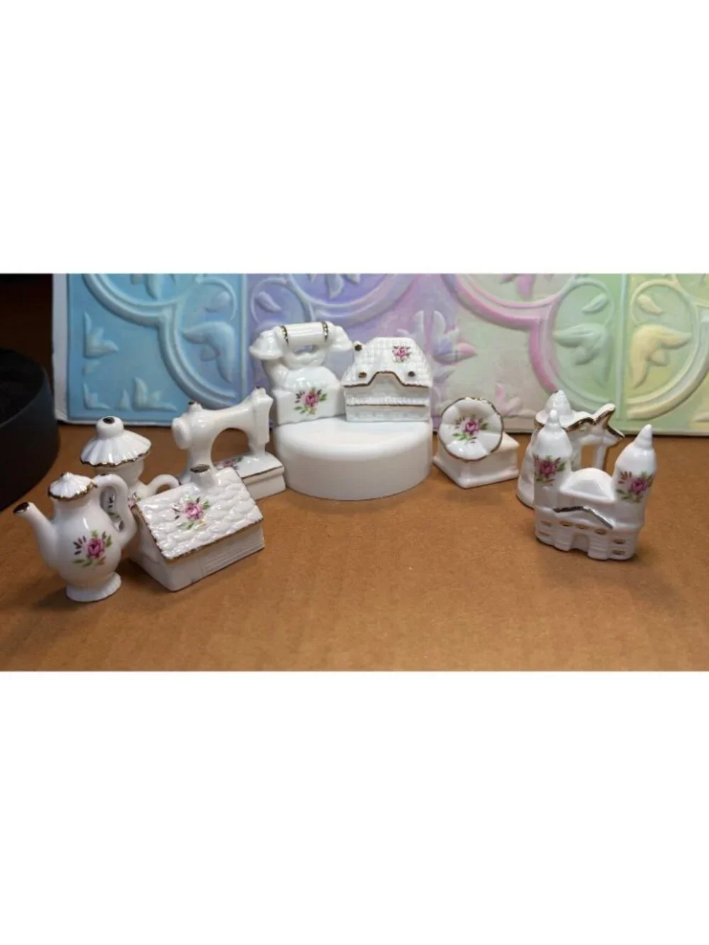 9pc White Ceramic Miniatures Set Pink Rose Accents & Gold Trim U69a